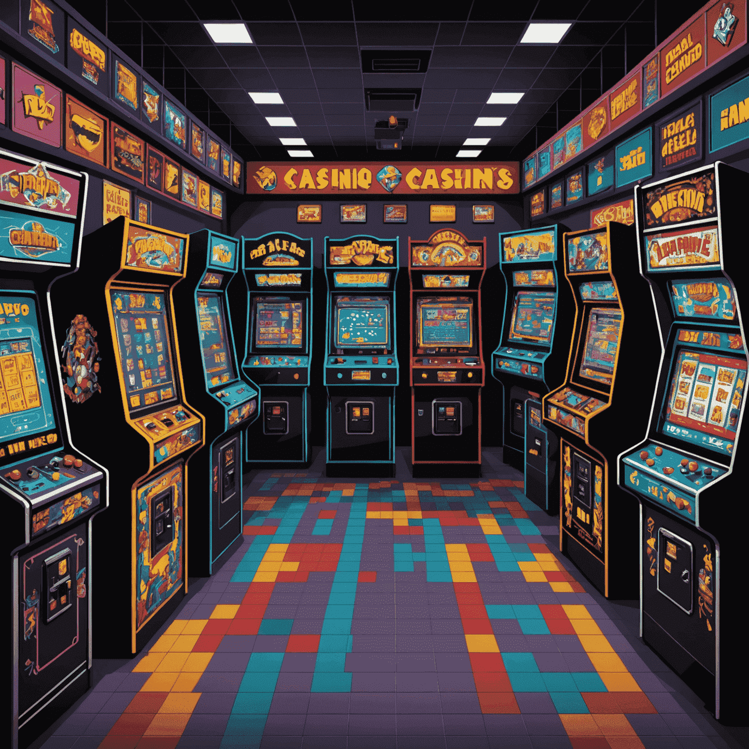 Pixel art image of a retro arcade with various social casino game machines, including slot machines and poker tables. The arcade is filled with colorful 8-bit graphics and characters playing the games.