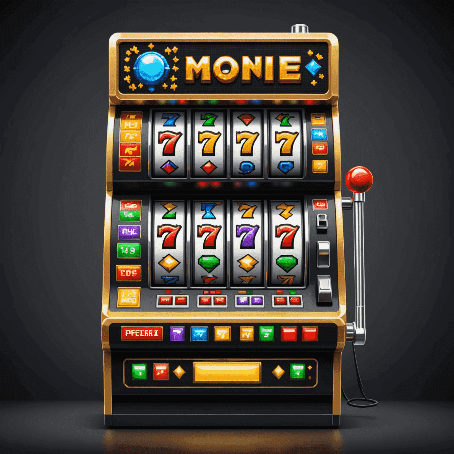 Pixel art slot machine with flashing lights and colorful symbols