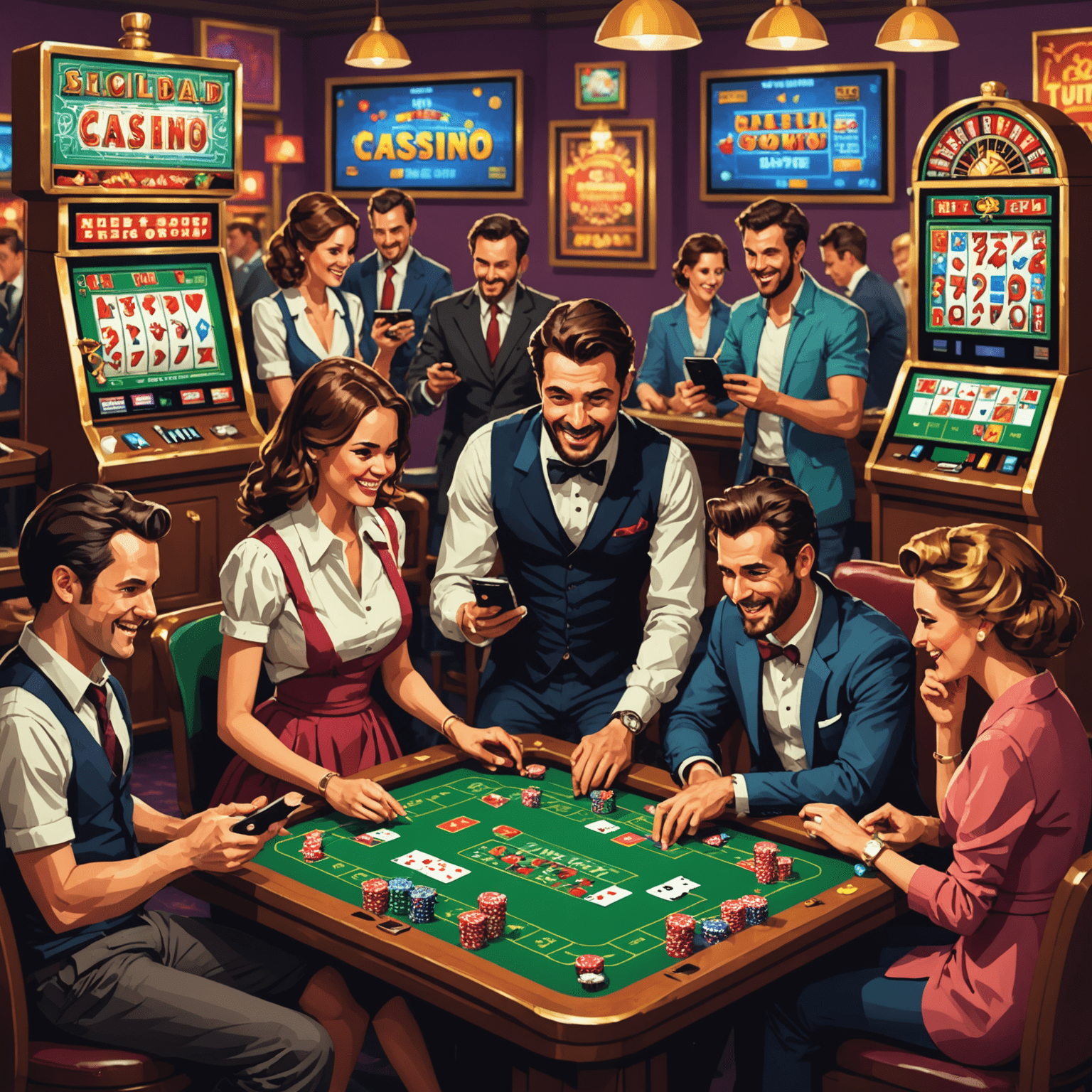 Pixel art image of excited people playing social casino games on smartphones and tablets