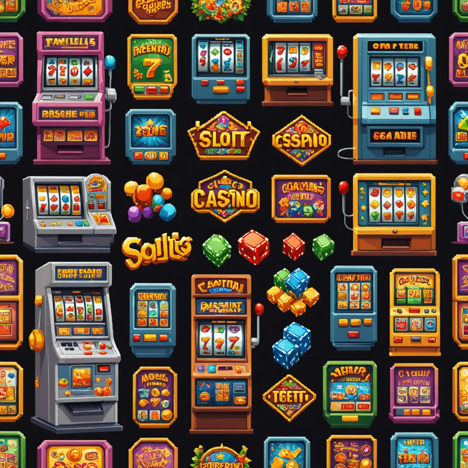 Pixel art image of colorful slot machines and casino games with cheerful cartoon characters playing