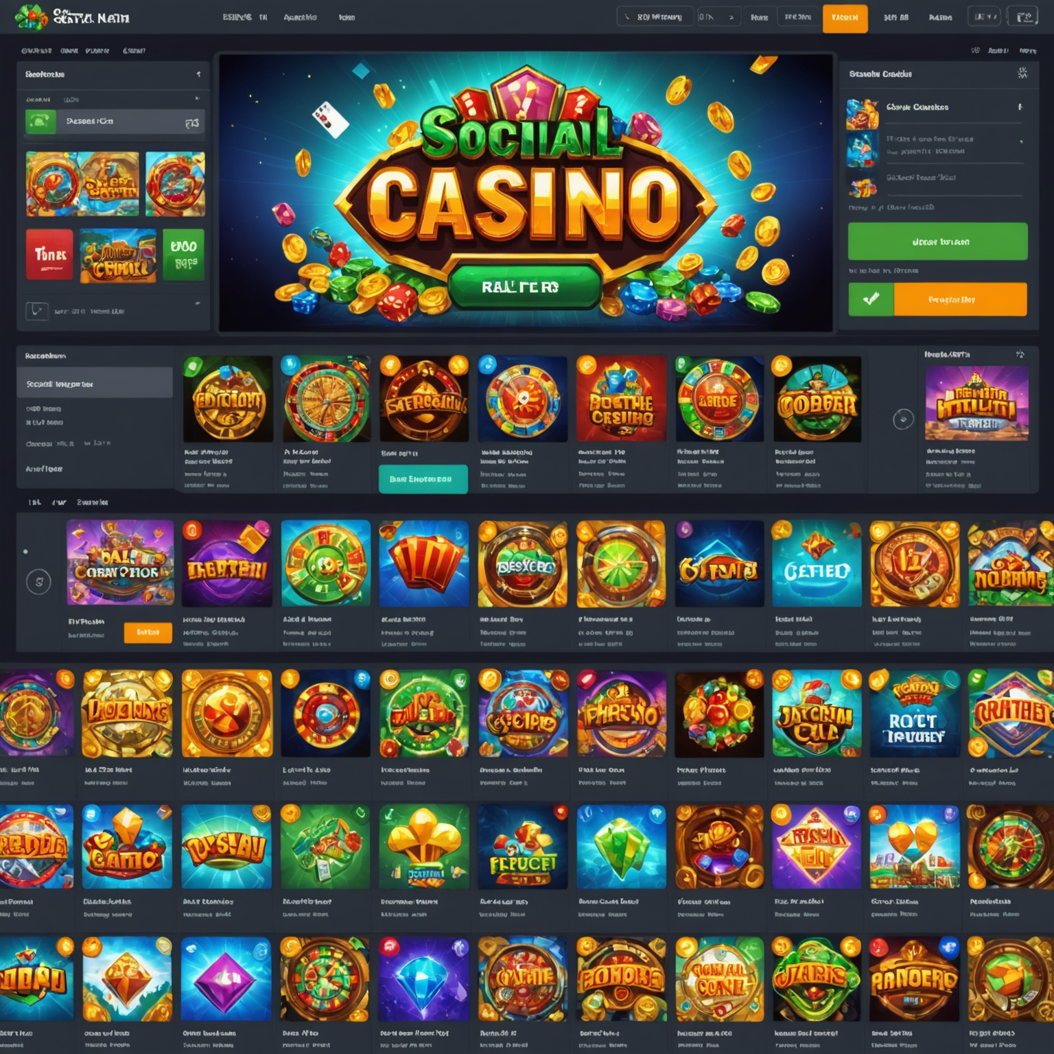 Pixel art illustration showing a social casino app interface on the left and a real money gambling website on the right, with a clear dividing line between them. The social casino side has colorful, fun graphics and game icons, while the real money side has more serious, casino-style imagery.
