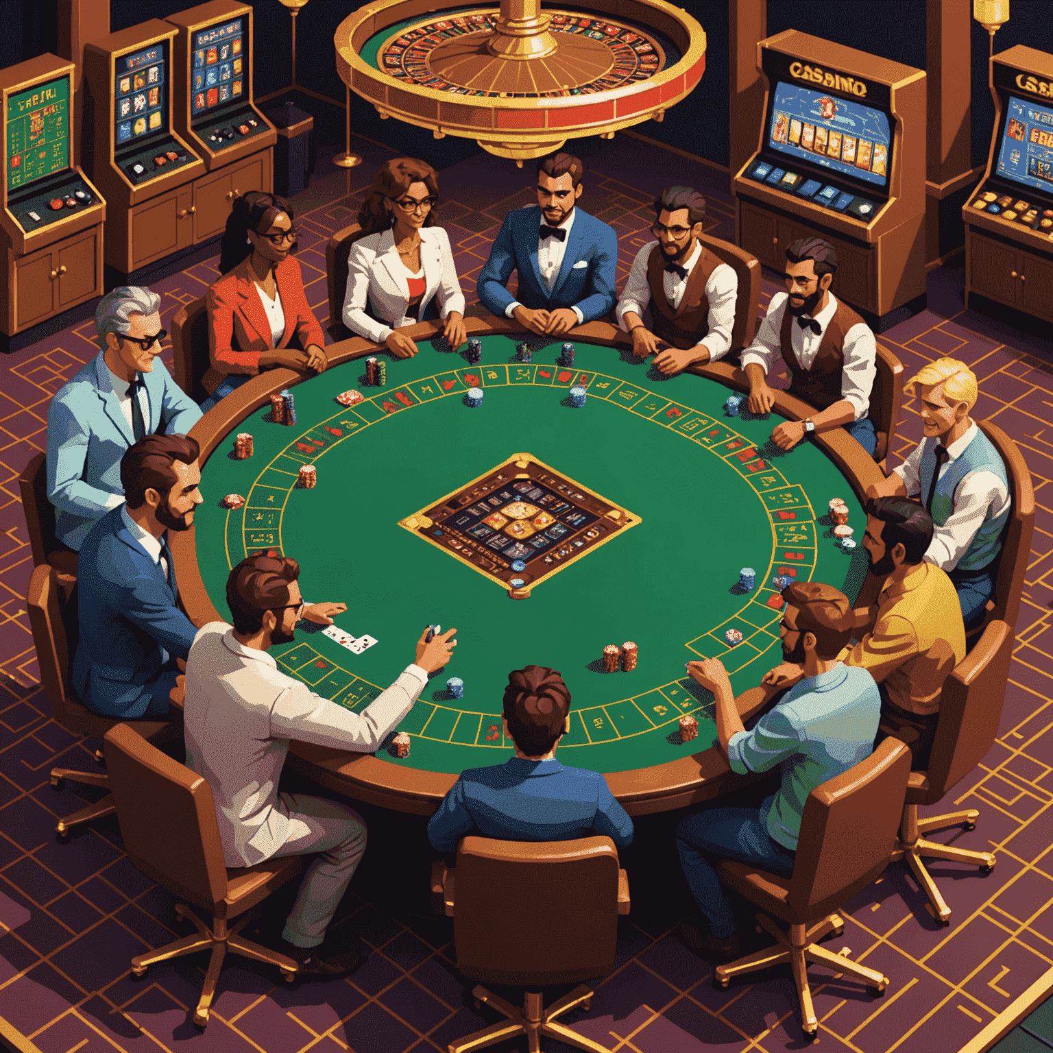 Pixel art image of diverse avatars gathered around a virtual casino table, chatting and playing games together