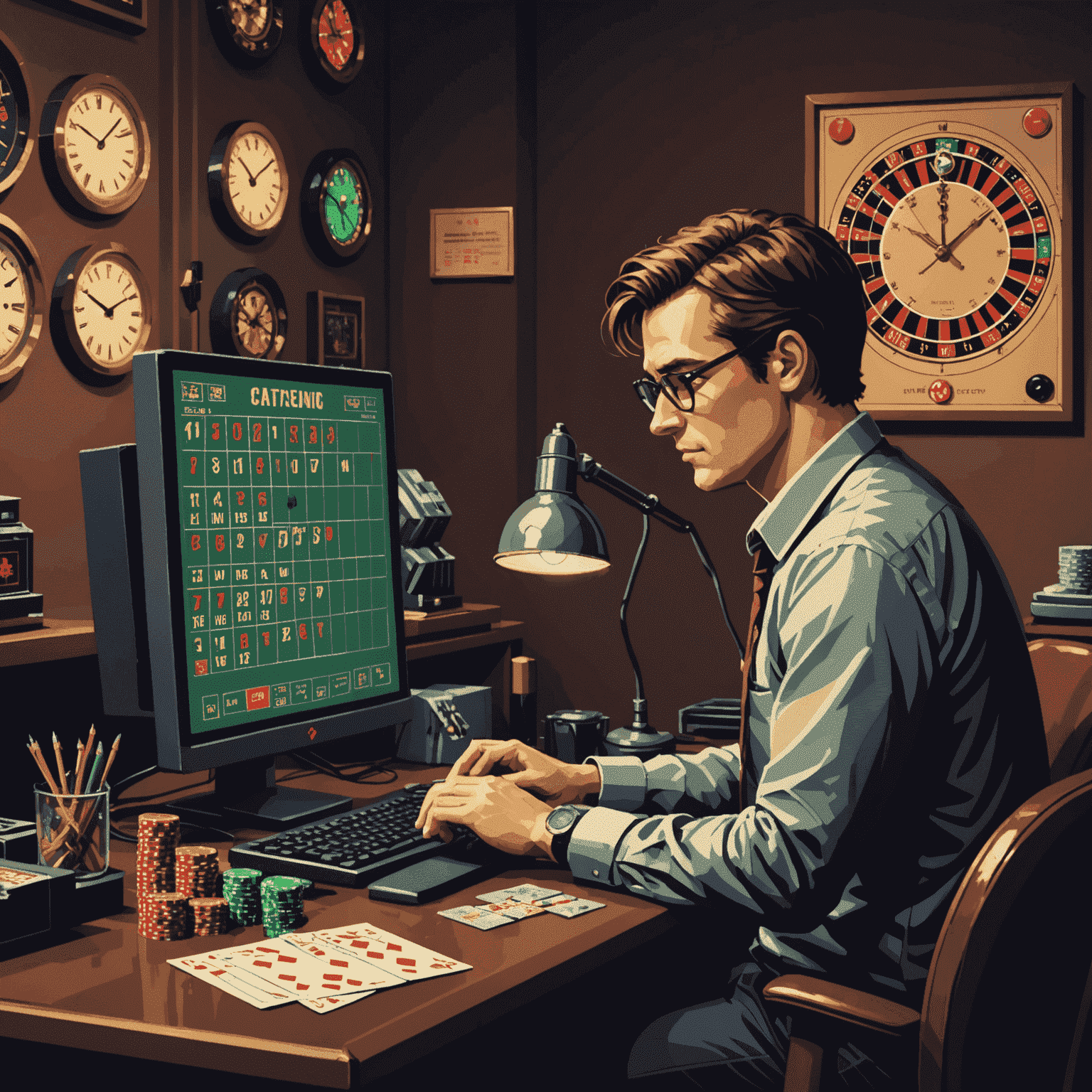 Pixel art image of a person sitting at a computer, playing social casino games with a clock and calendar visible nearby, emphasizing time management and responsible gaming