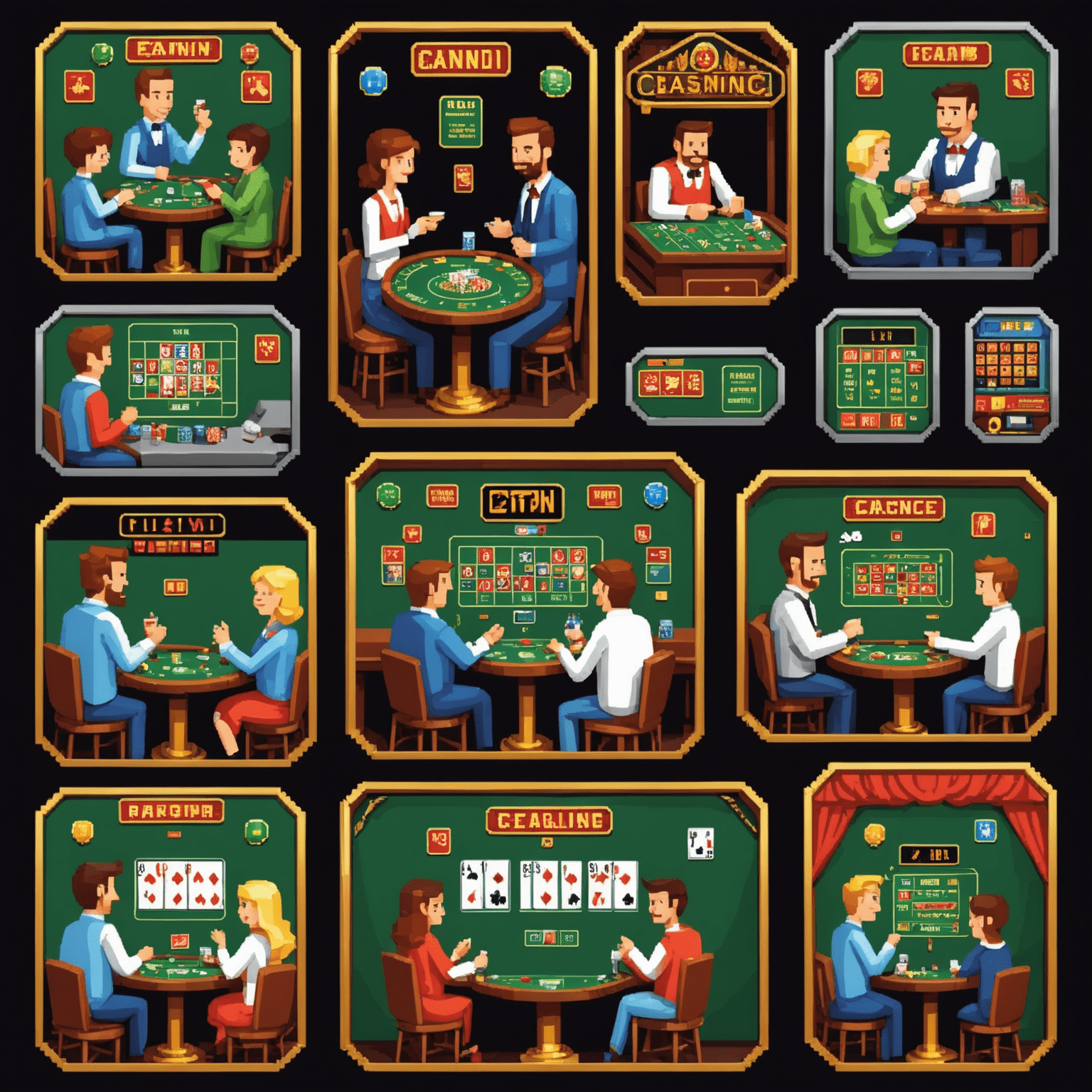 Pixel art depiction of people playing social casino games on various devices, with speech bubbles showing their excitement