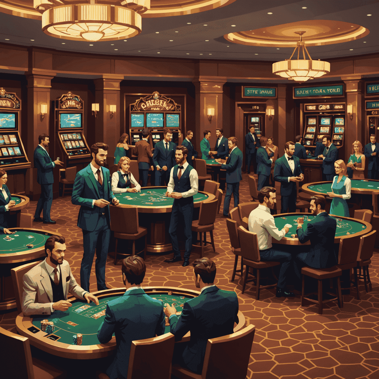 Pixel art depicting players exchanging gifts and emotes in a social casino lobby