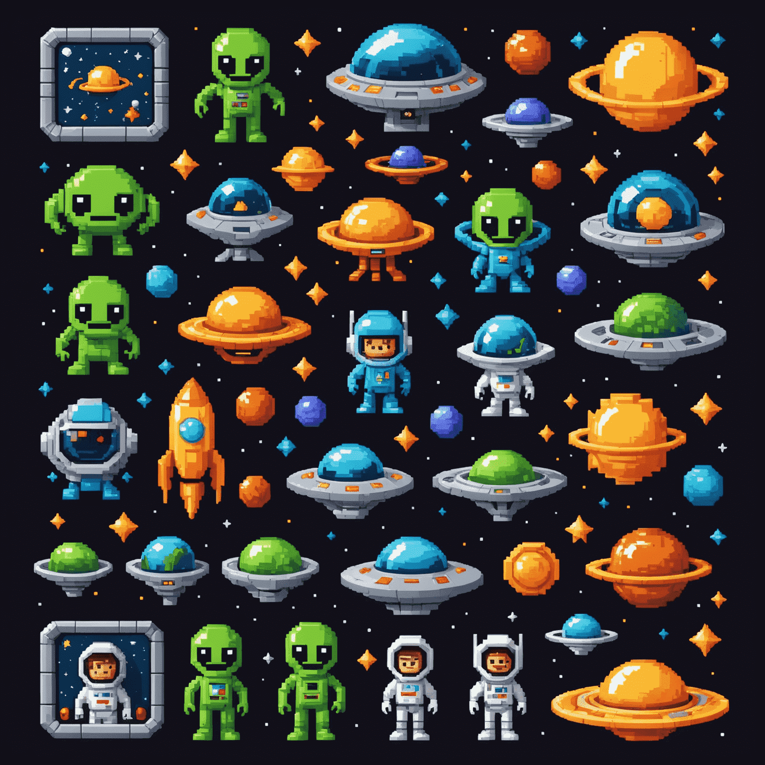 Pixel art space-themed slot with alien characters and UFO symbols