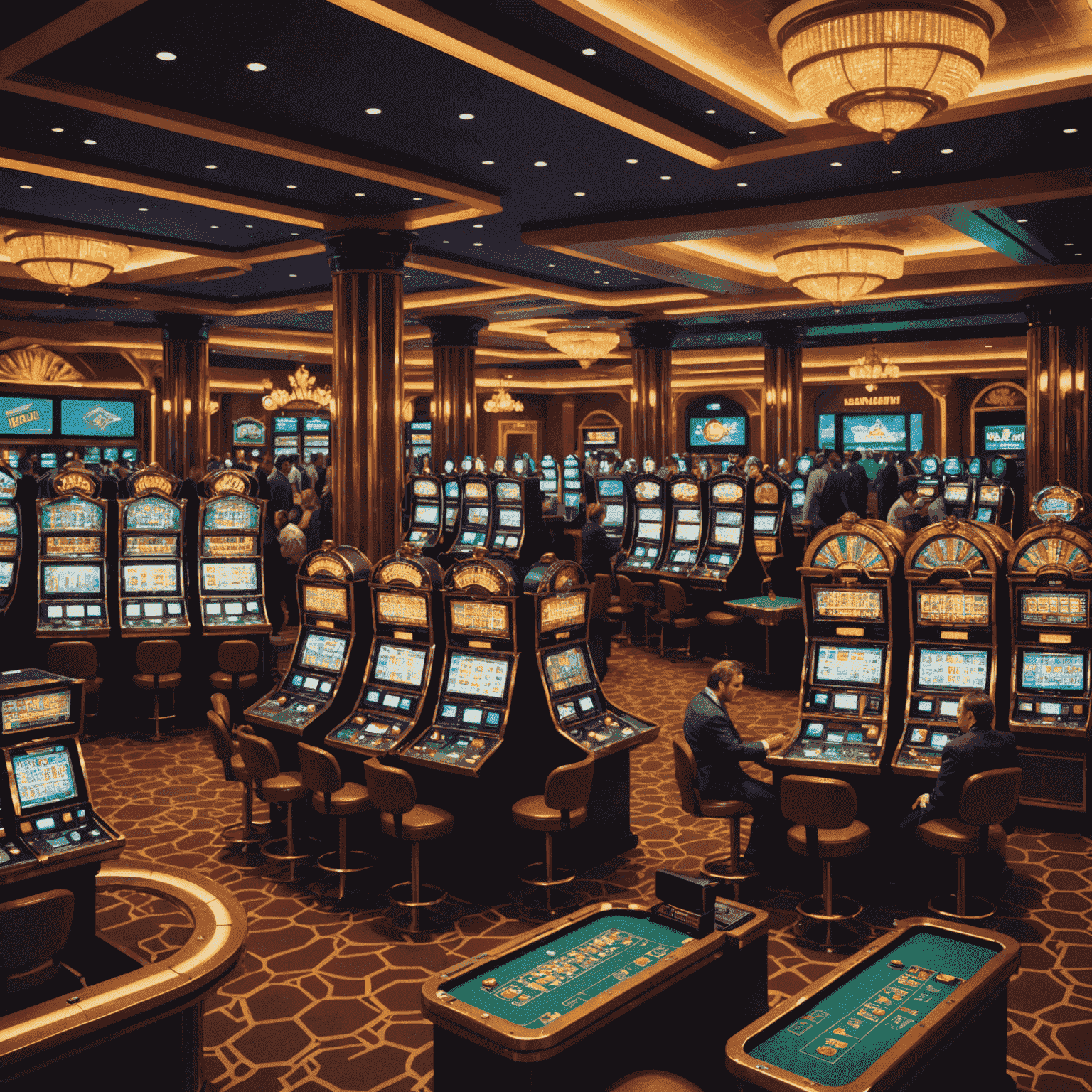 Pixel art depiction of a serious-looking casino environment with slot machines, roulette tables, and players exchanging real currency