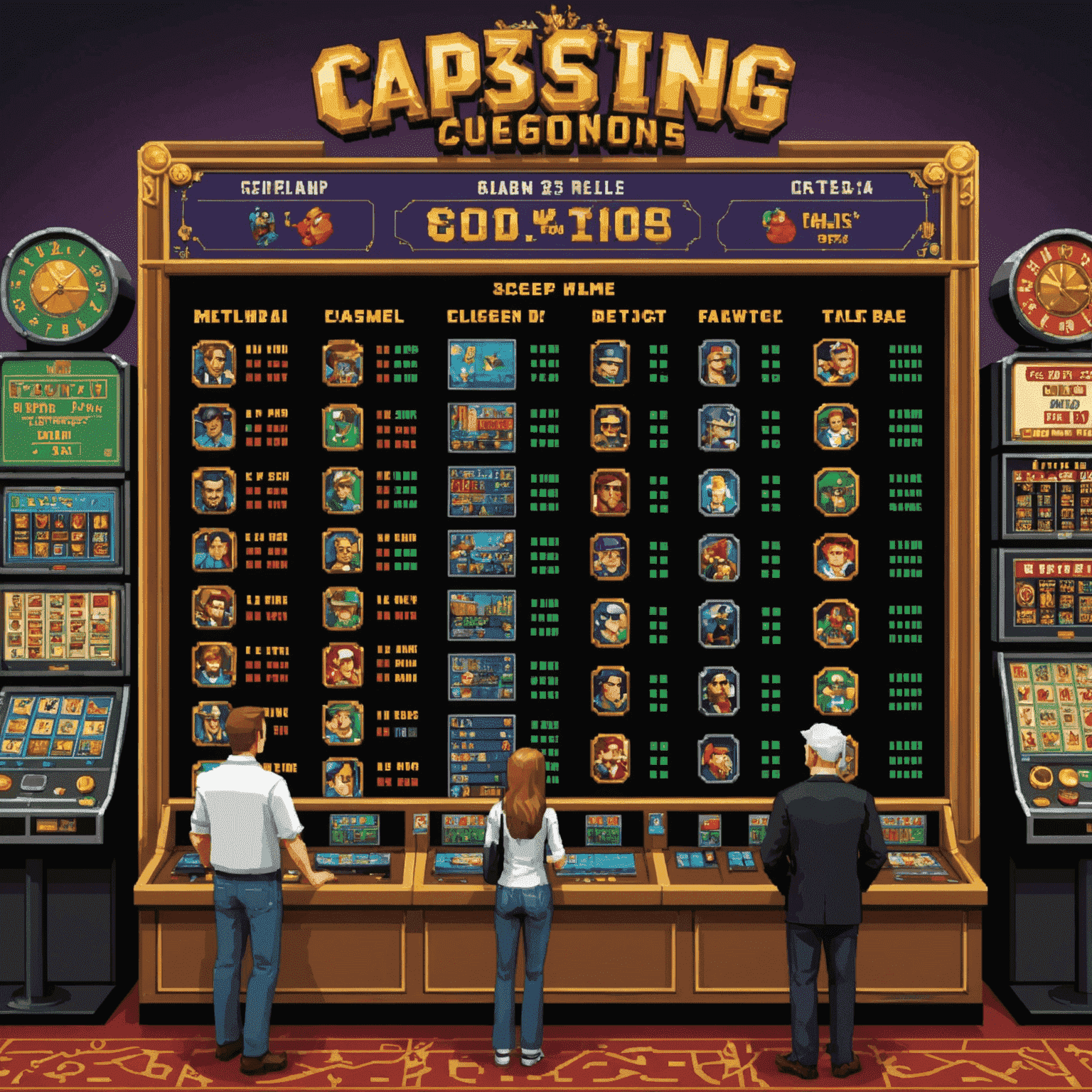 Pixel art showing a leaderboard with pixelated avatars and usernames in a social casino setting