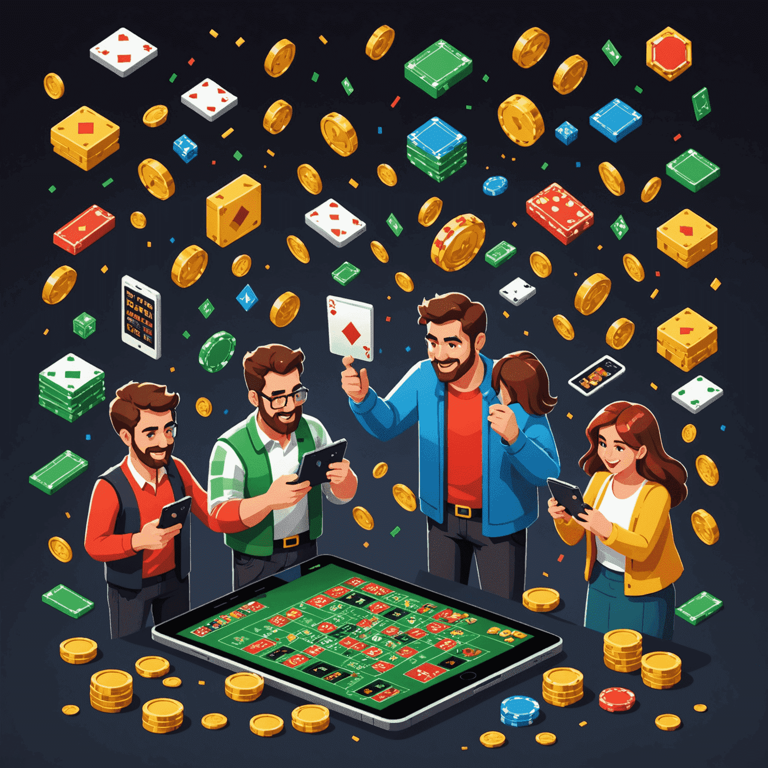 Pixel art of excited people playing social casino games on smartphones and tablets, with colorful slot symbols and coins flying around