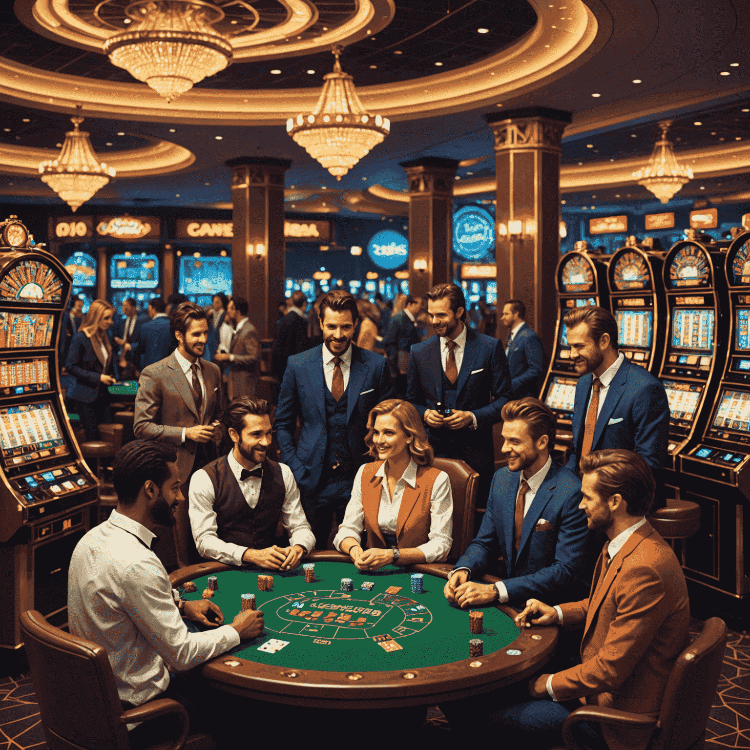 Pixel art image of diverse characters chatting and interacting in a virtual casino lobby