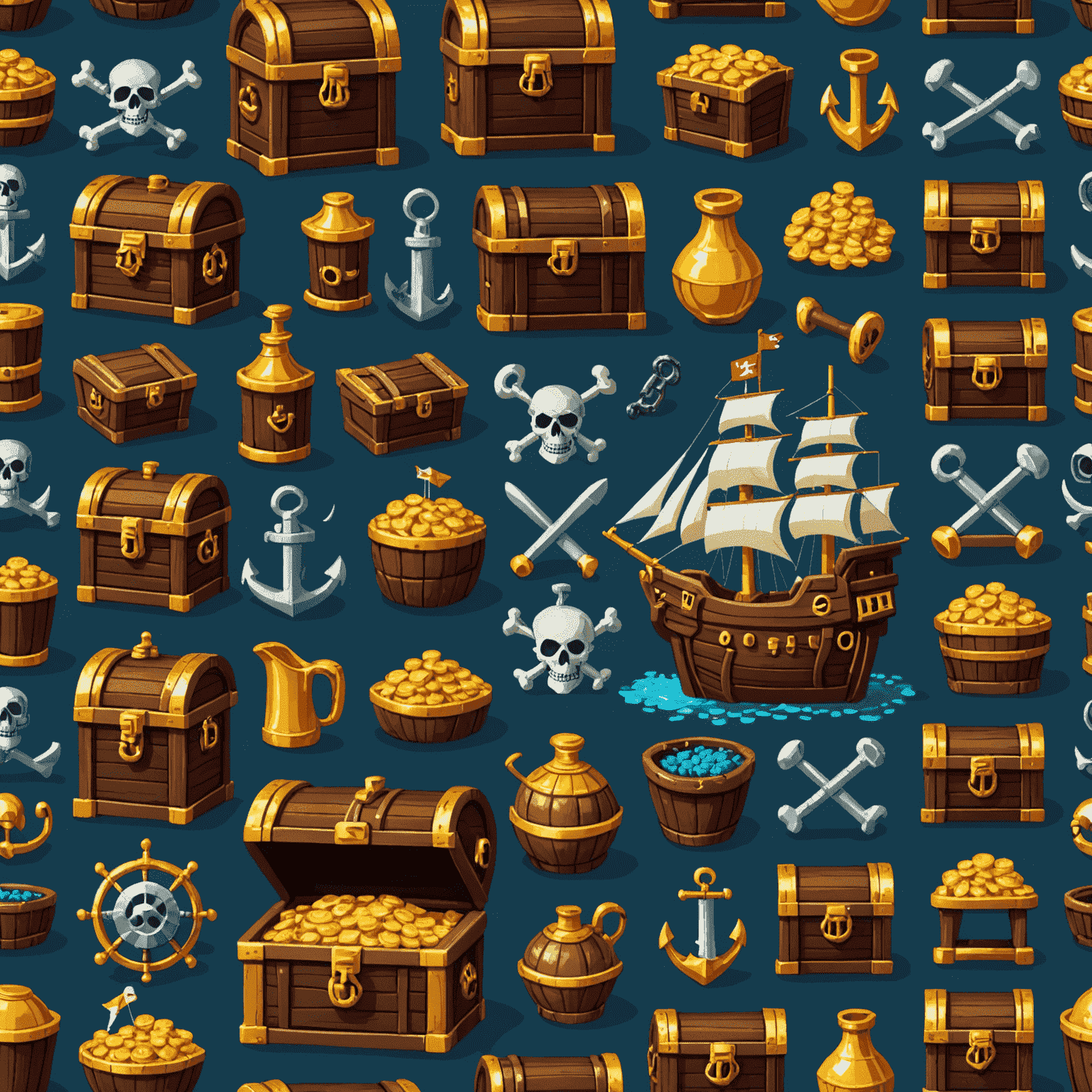 Pixel art pirate-themed slot with treasure chests and ship wheels