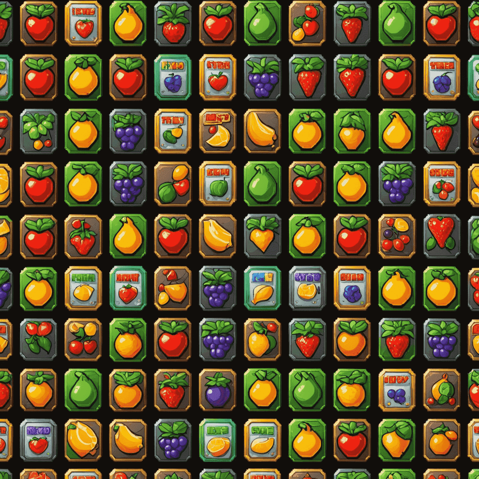 Pixel art collage of 10 different slot machine icons, each with unique themes like fruits, adventure, and fantasy, arranged in a grid