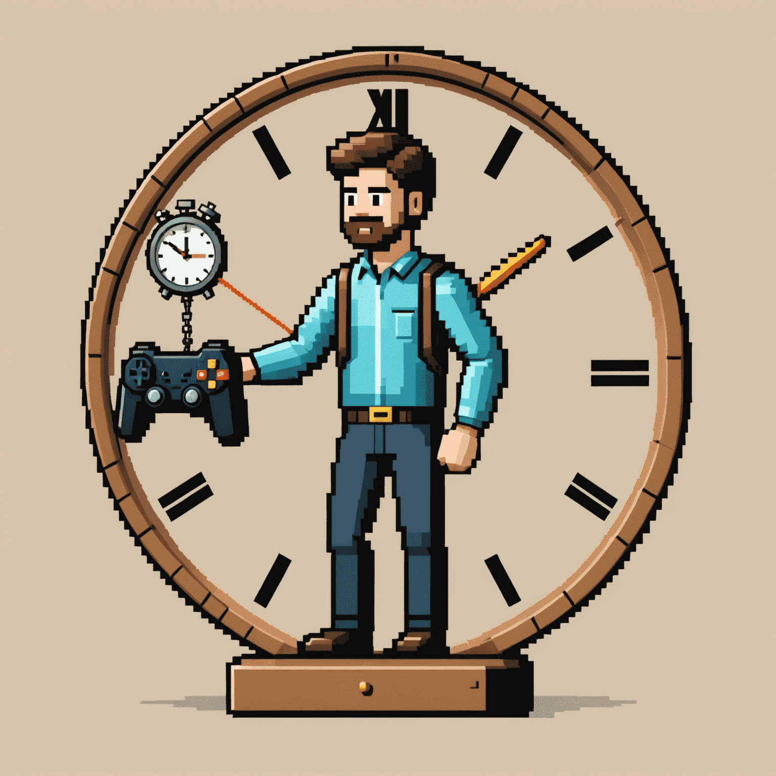 Pixel art image of a person balancing a clock and a game controller, symbolizing time management in gaming