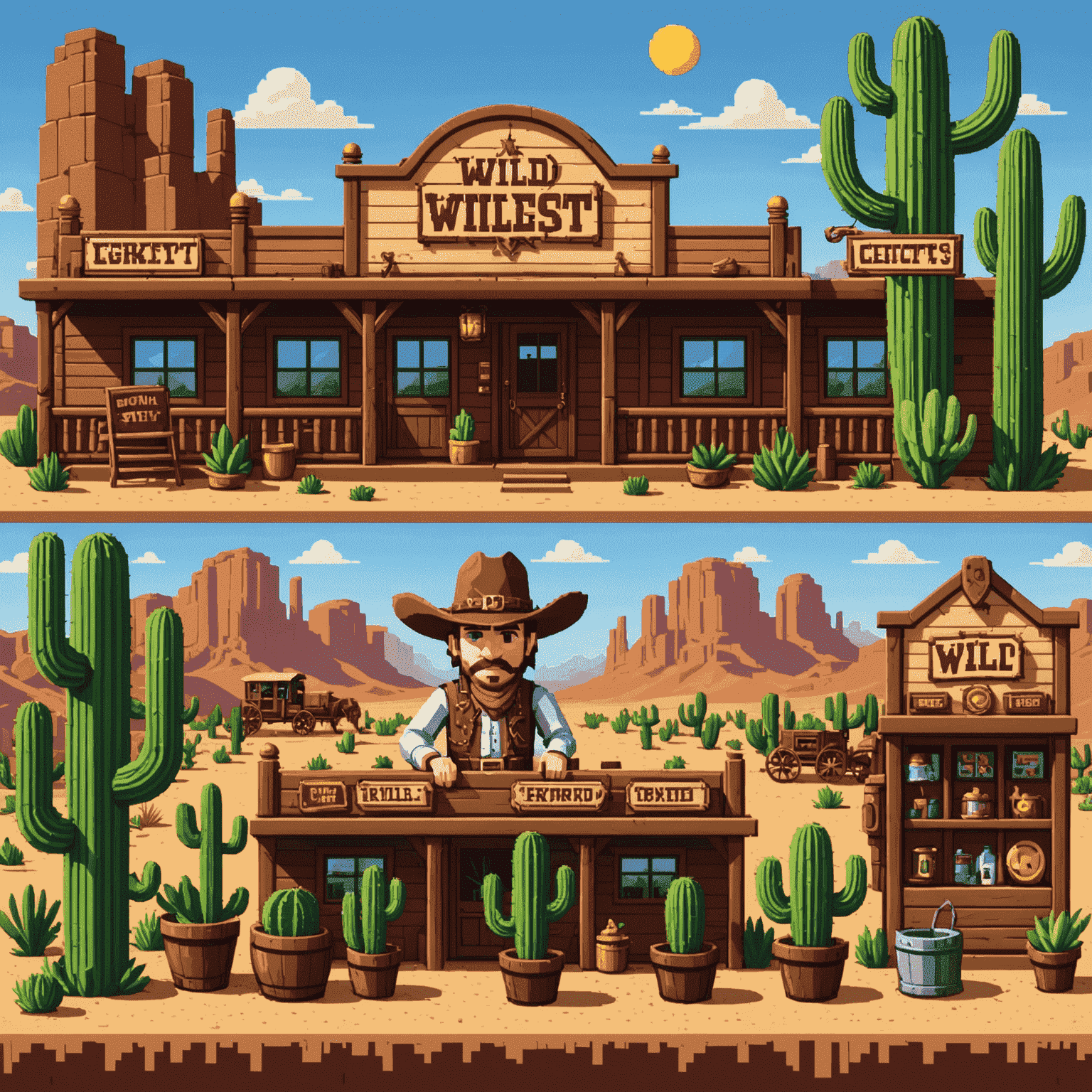 Pixel art wild west-themed slot with cowboy hats and cactus symbols