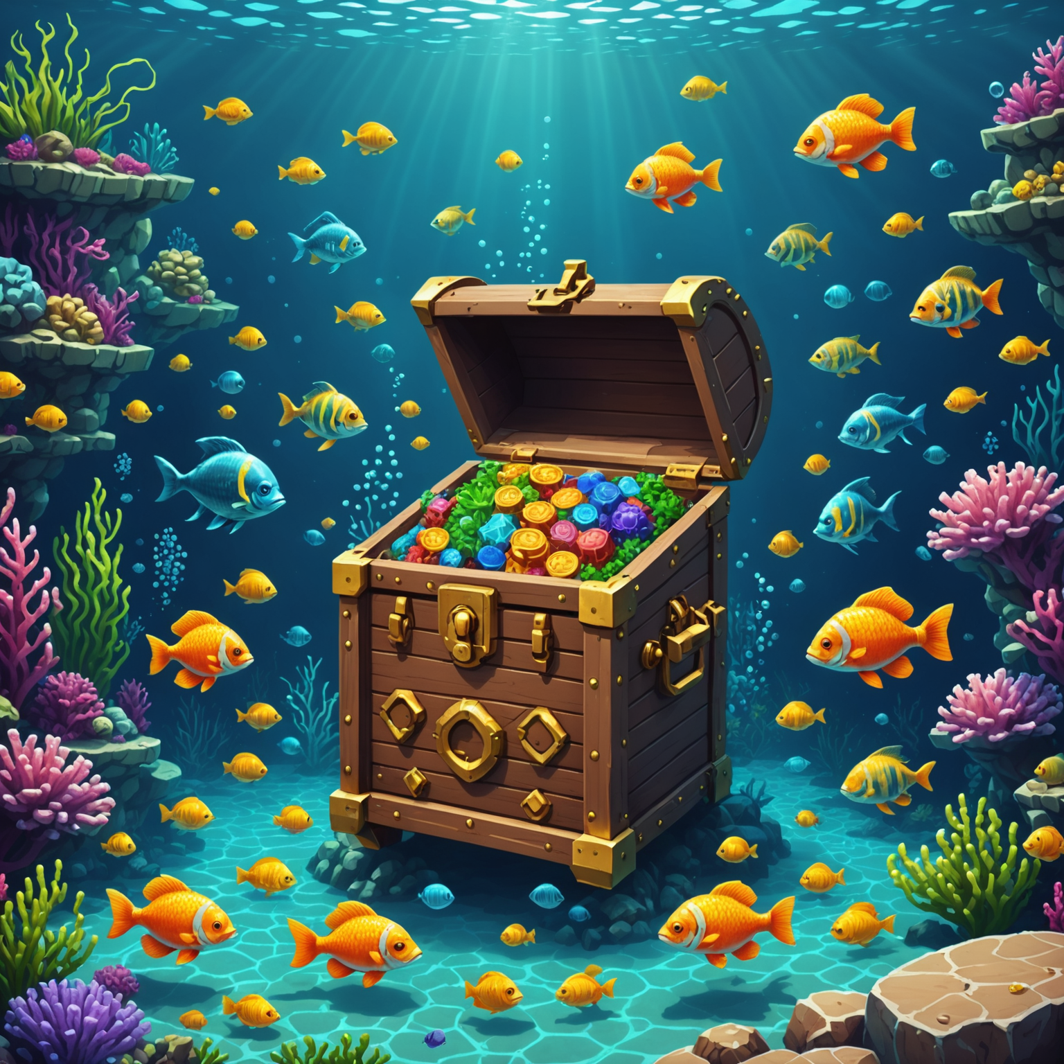 Pixel art underwater-themed slot with fish and treasure chest symbols