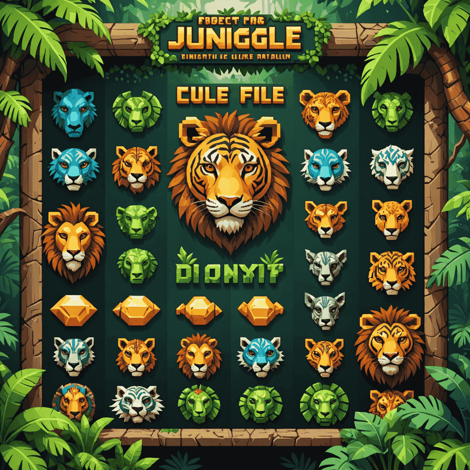 Pixel art jungle-themed slot with exotic animals and tribal mask symbols