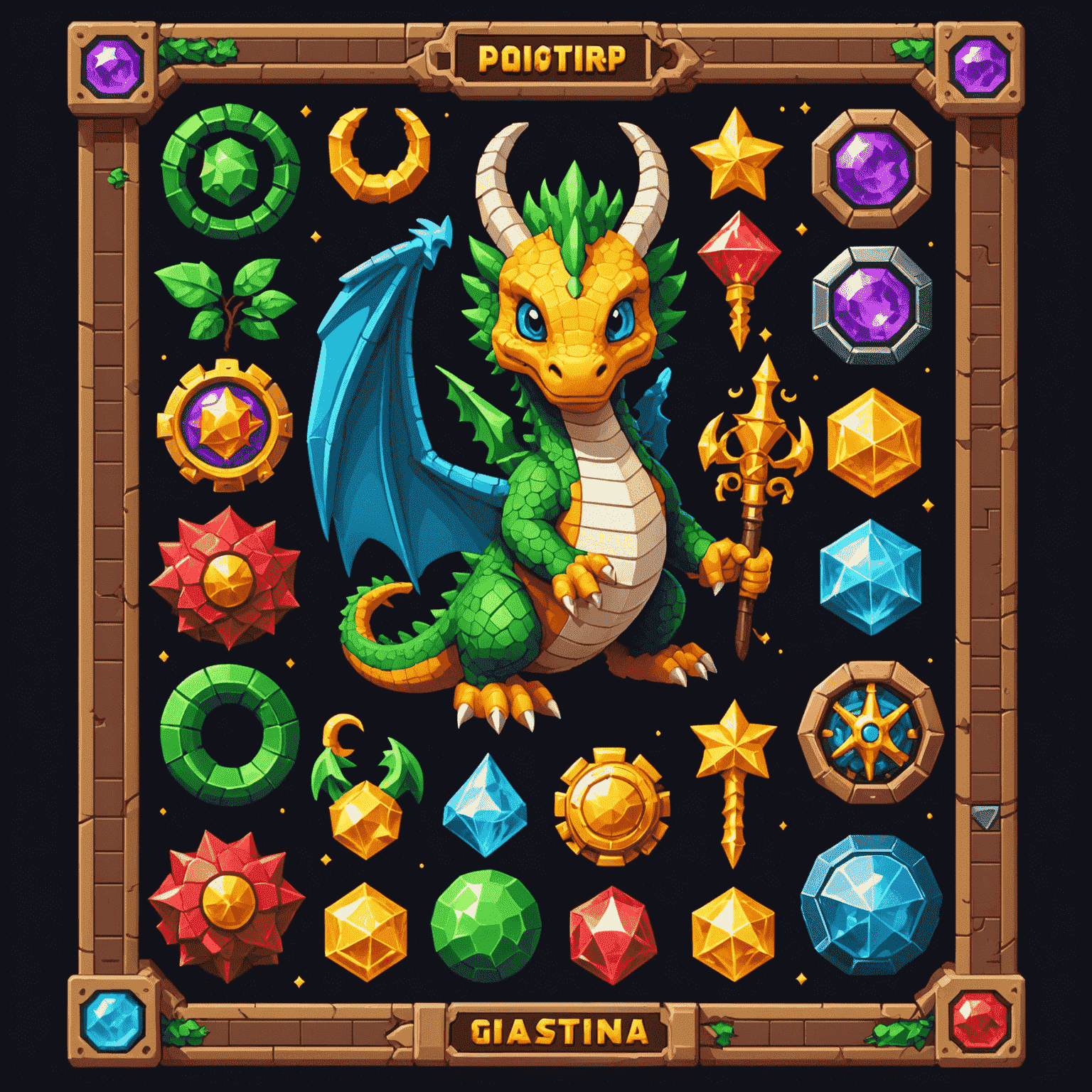 Pixel art fantasy-themed slot with dragons and magic wand symbols